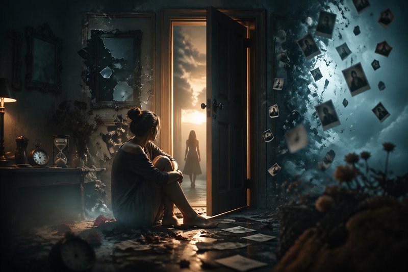 Woman sitting in a ruined room, open door to sunset silhouette outside, photos floating in the air.