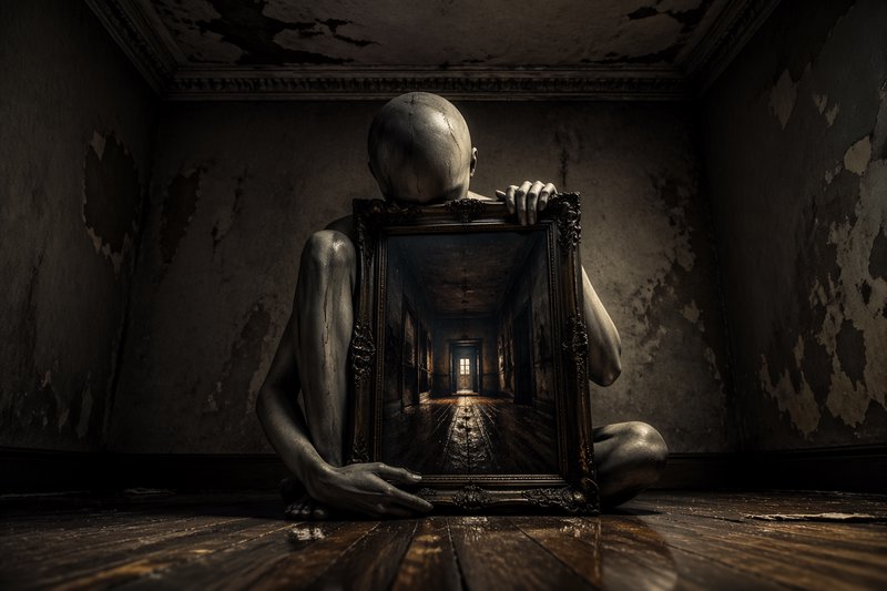 Abandoned dim room with a gray humanoid figure holding an ornate frame showing a long hallway.