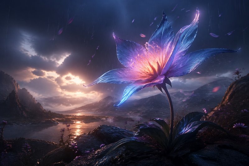 Luminous purple-blue surreal flower glowing in a stormy, sunset-lit rocky landscape.