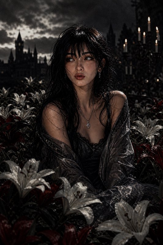 Moody gothic portrait of a woman in a dark lace dress amid plants with candlelit backdrop.