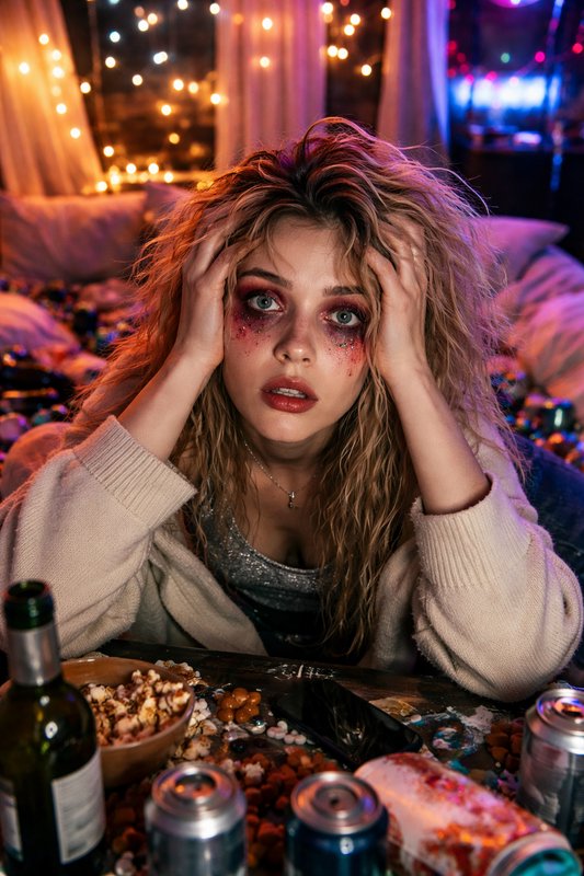 Woman with smeared red eye makeup and tousled hair at a cluttered table of snacks and drinks in a dim, colorful party scene.