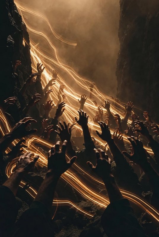 Crowd of raised hands amid glowing light trails in a dark canyon.