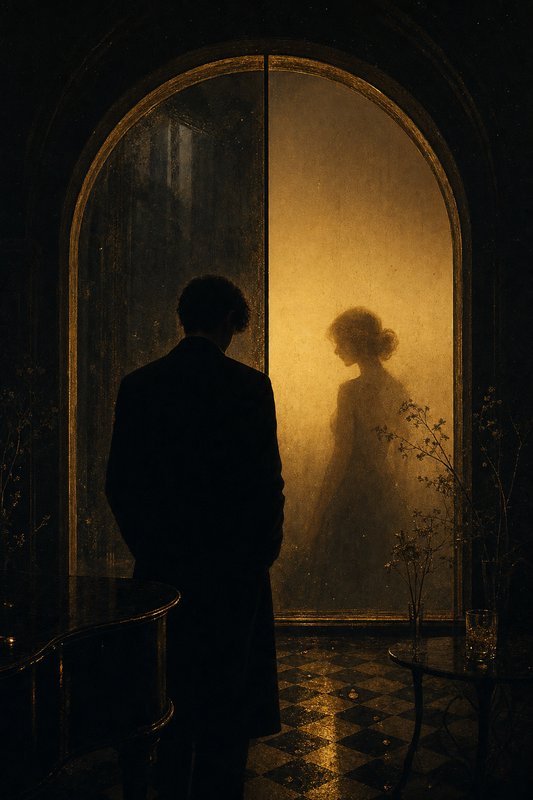Silhouette of a man facing a glowing figure behind a frosted glass door in a moody, vintage interior.