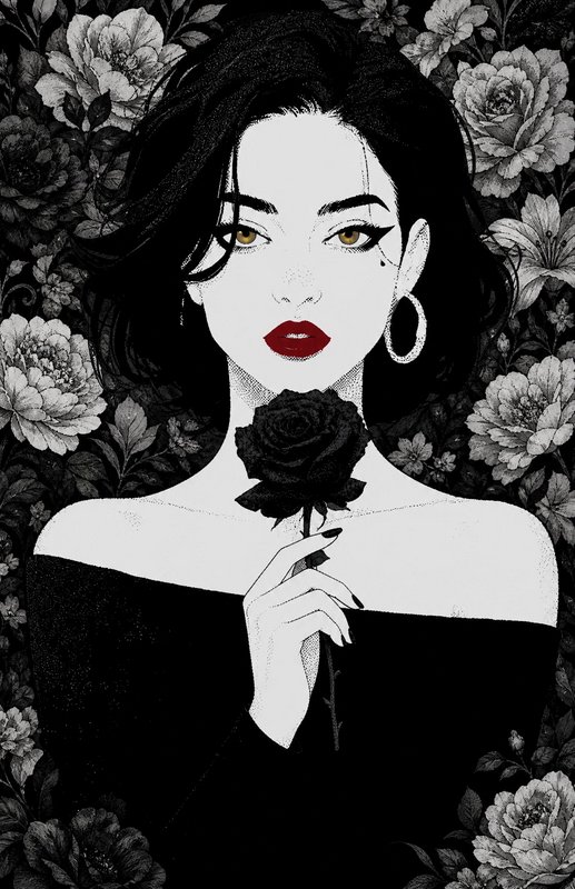 Monochrome illustration of a woman with red lips holding a black rose, surrounded by flowers.
