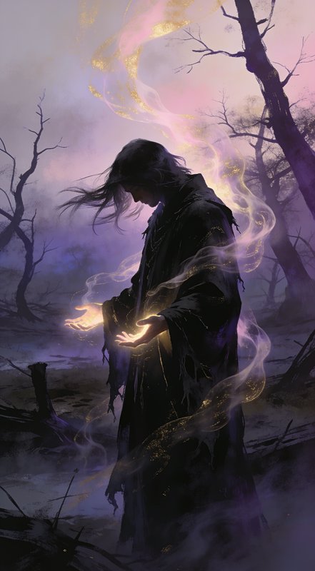 Dark cloaked figure summoning glowing golden energy in a misty, barren forest.