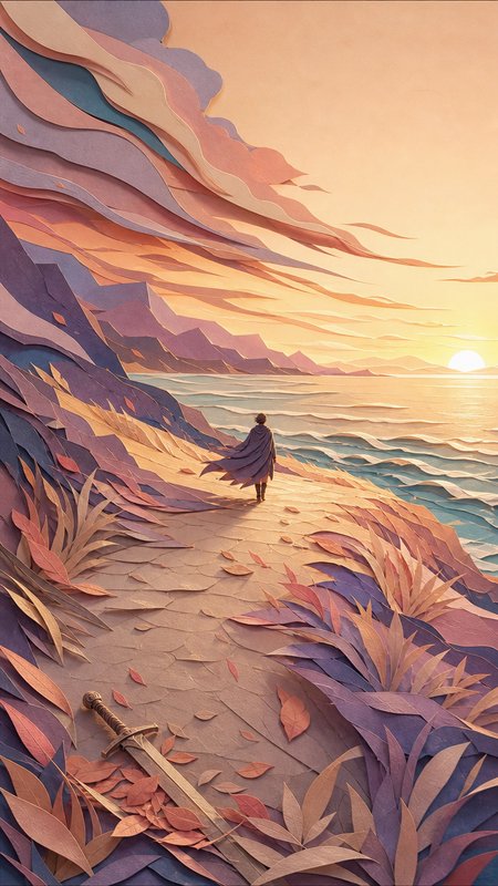 A person walks along a layered pastel coastal cliff at sunset, with a sword lying on the sand.