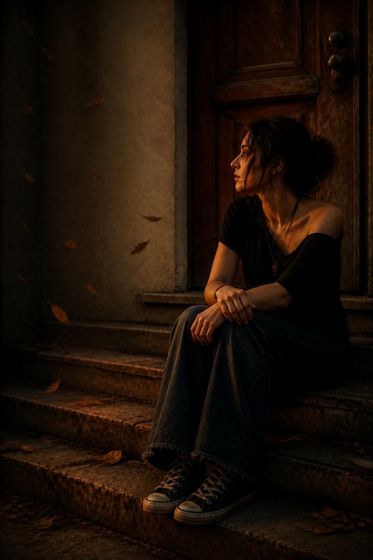 Pensive young woman sits alone on weathered stone porch steps at golden hour, surrounded by falling autumn leaves