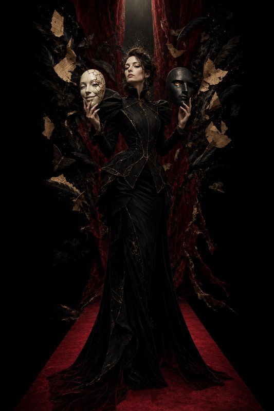 Elegant gothic woman in black gown holding two masks, standing on red carpet between dark red stage curtains