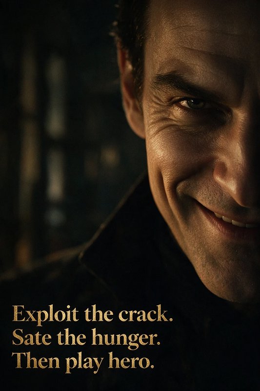 Close-up of a menacing smirking villain character, dramatic warm low lighting, gilded quote text over dark shadowed