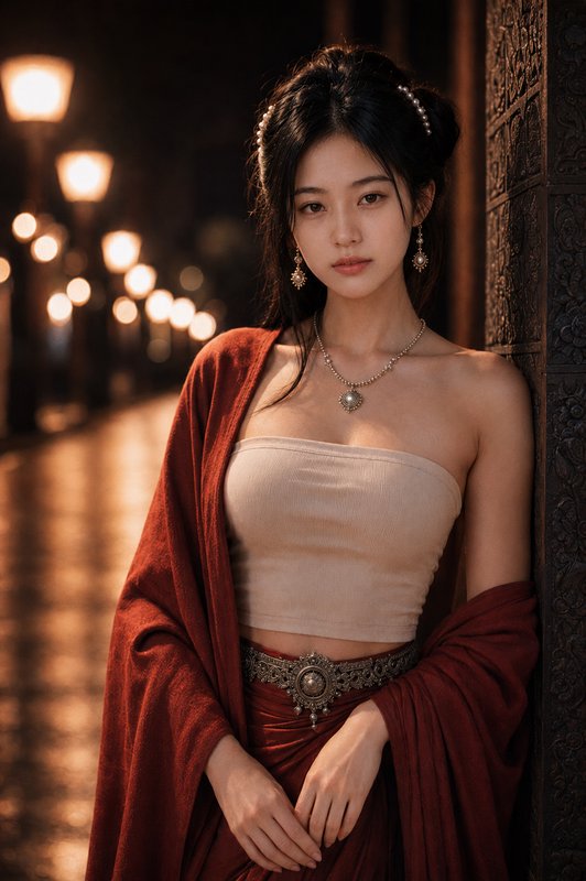 Elegant young East Asian woman in traditional inspired attire leans against carved wood on a lantern-lit night walkway