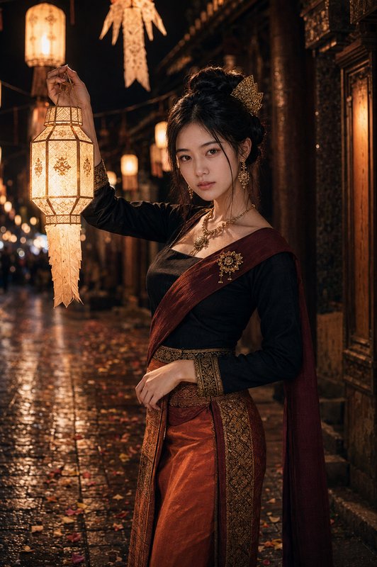 Young woman in ornate traditional Southeast Asian dress holds a glowing lantern on a wet historic street at night