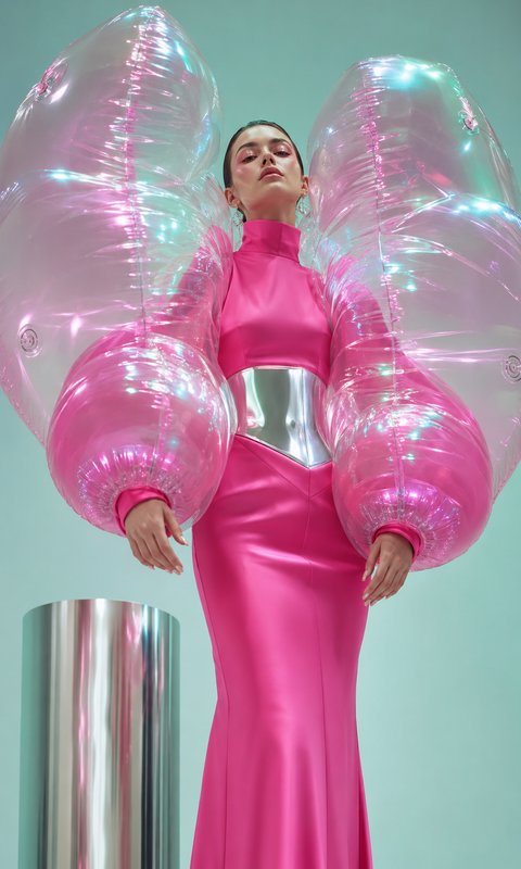 Model in bright pink satin gown with oversized translucent inflatable sleeves, pastel mint studio backdrop