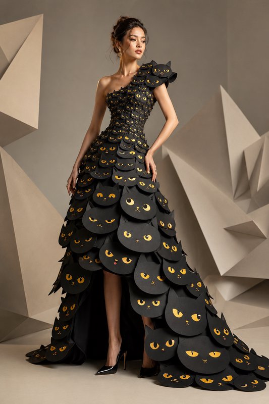Elegant model poses in a unique couture ball gown constructed from layered black cat face cutouts with golden eyes