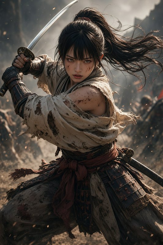 this samurai woman fighting scene, beautiful face, realistic skin, best quality, photorealistic, shallow depth of field, portrait, ultra-realistic, high-detail, professional photography, youthful adult woman, cinematic depth, film still, premium photography, high detail, volumetric lighting, atmospheric perspective. torn clothes, live expression, accurate body shape, dynamic view. no glasses, no braids, just tie hair.