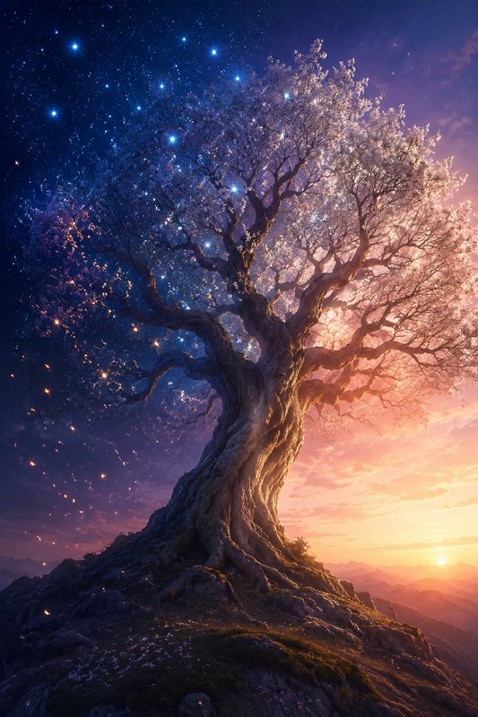 Massive gnarled ancient magical tree atop a rocky peak under a starry sky blending into warm sunset glow.