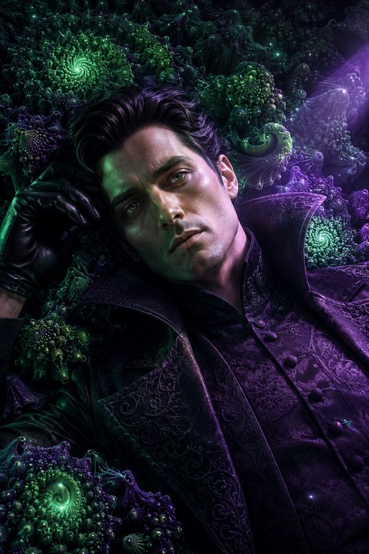Brooding dark fantasy noble in ornate purple coat rests amid glowing green and purple surreal fractal flora