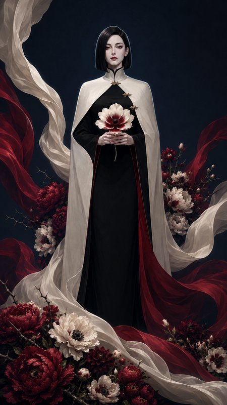 Poised elegant woman in black gown and white cape holds a flower, surrounded by red peonies and flowing silk on dark