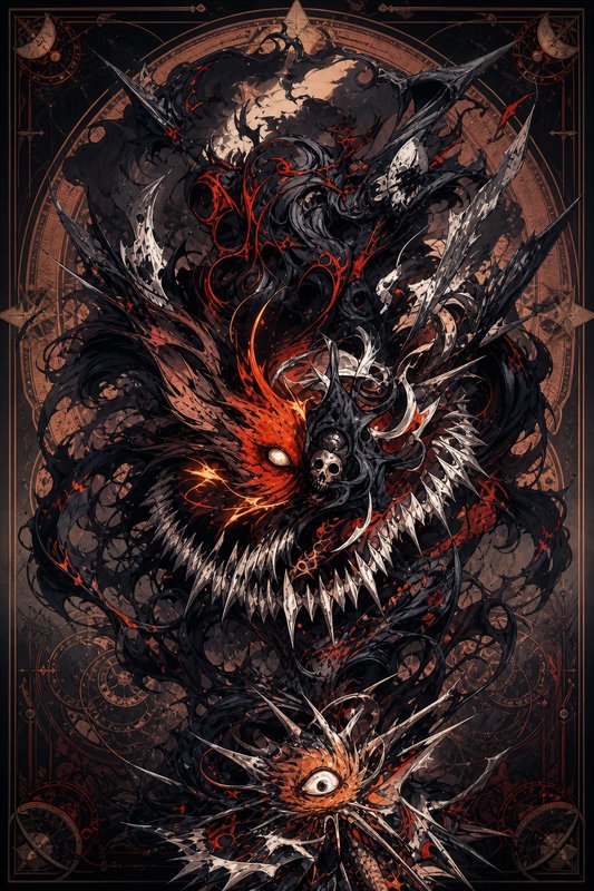 Ornate gothic tarot illustration of a grotesque demonic entity with multiple eyes, sharp fangs, f...