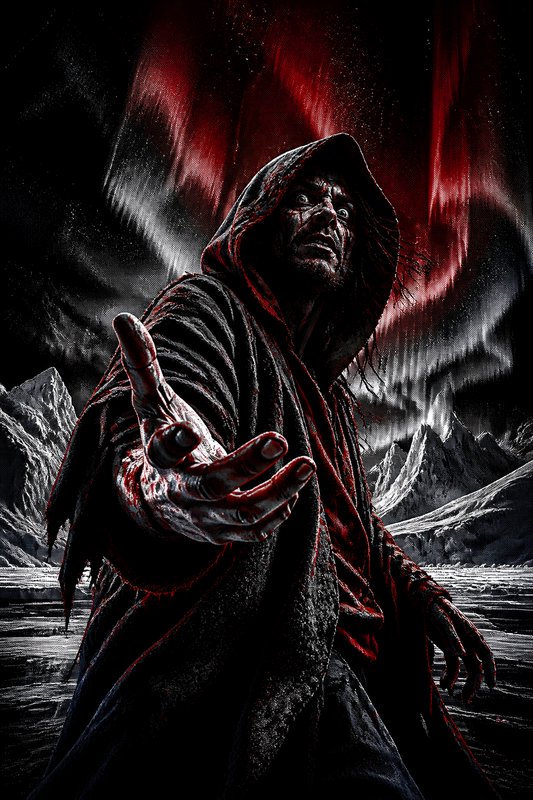 Grim hooded cursed figure reaches out toward the viewer beneath glowing red aurora over icy mount...