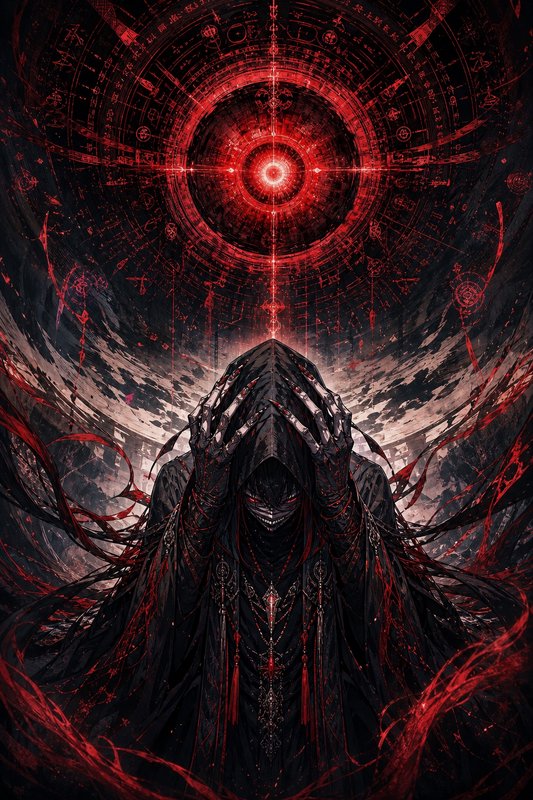 Menacing hooded dark sorcerer stands beneath a glowing red arcane summoning circle, surrounded by...