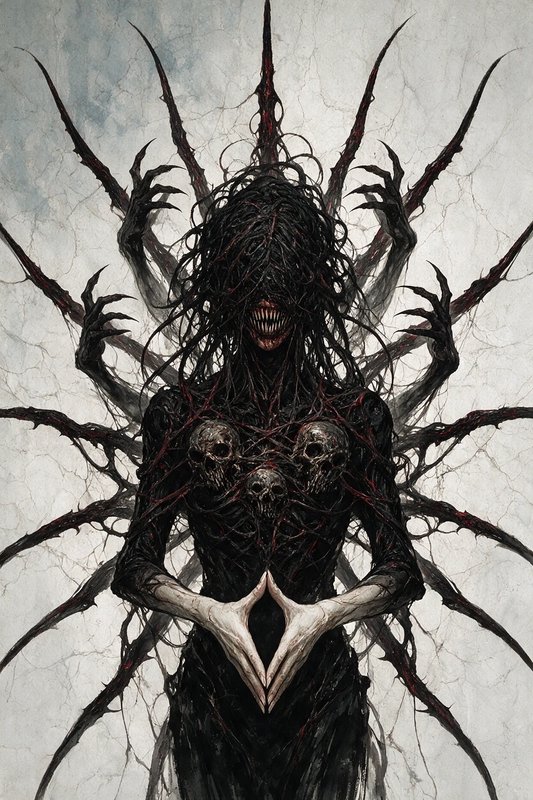 Eldritch horror monster with thorny spiked limbs, chest embedded skulls, and sharp toothed grin on a cracked pale backdrop.