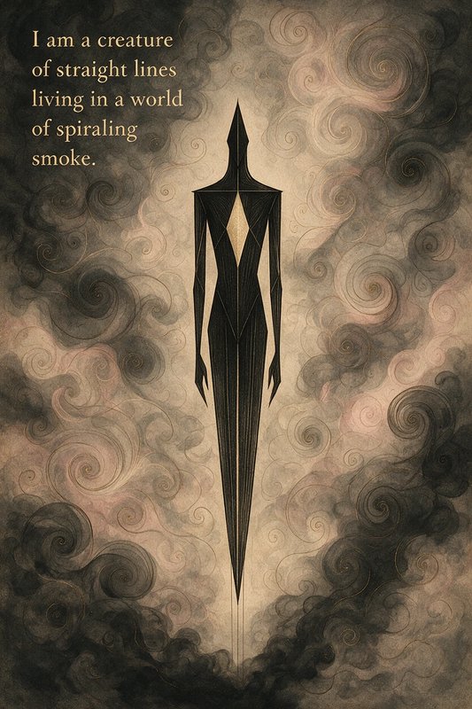 Surreal angular dark geometric humanoid stands against swirling smoky background with poetic quot...