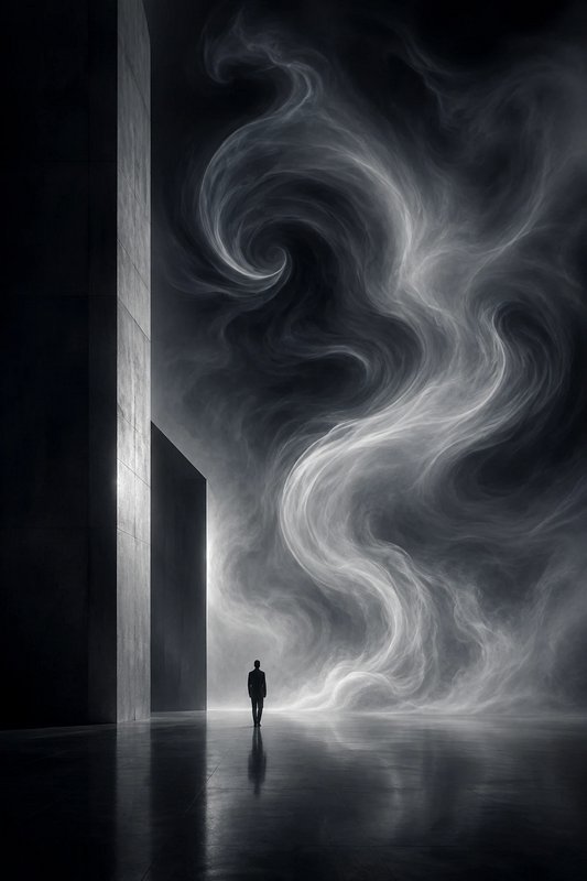 Silhouetted lone figure stands in a stark concrete hall facing a massive glowing swirling etherea...