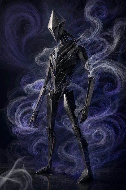 Angular faceted dark metallic humanoid robot stands surrounded by swirling purple and silver ethereal smoke against a dark...