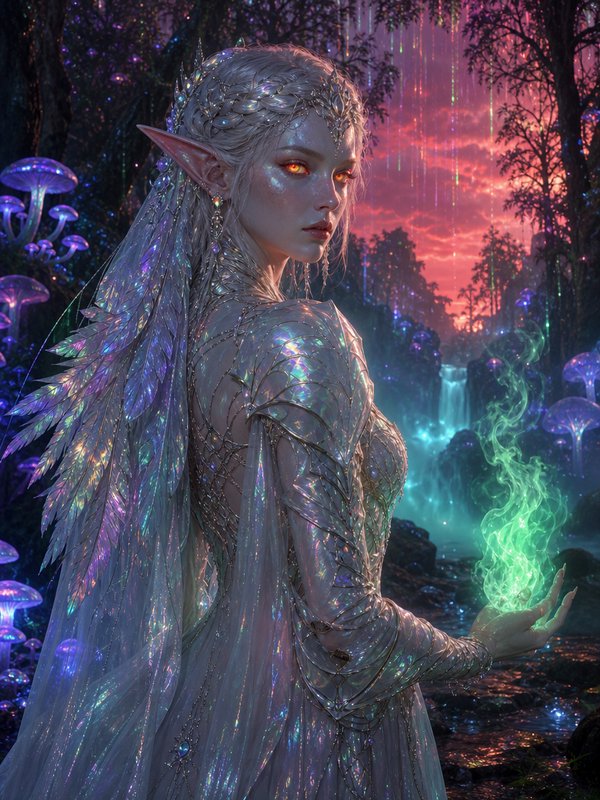 Regal silver-haired elf sorceress holds glowing green magic in a bioluminescent enchanted twiligh...