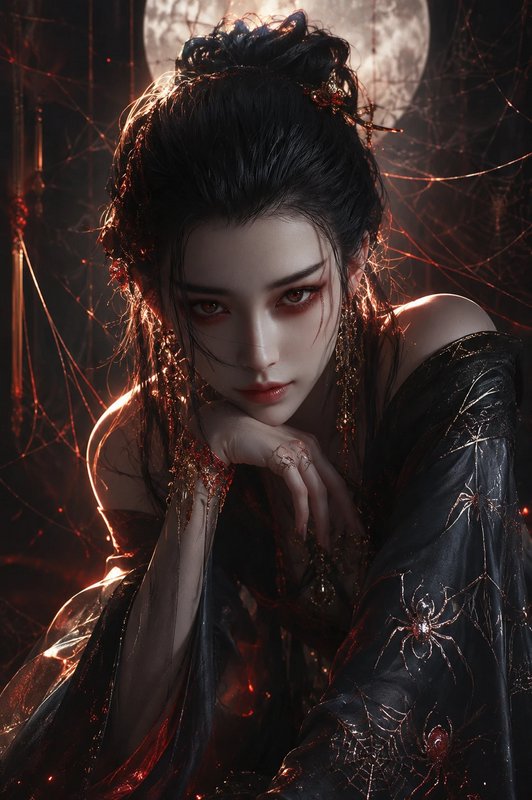 Dark fantasy spider empress with red eyes and gold jewelry, posed before a glowing full moon and ...