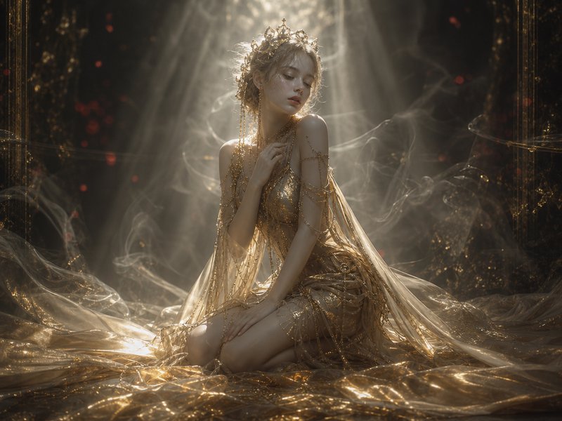 Ethereal golden fae queen kneels with closed eyes, draped in shimmering sheer gilded fabric, lit ...