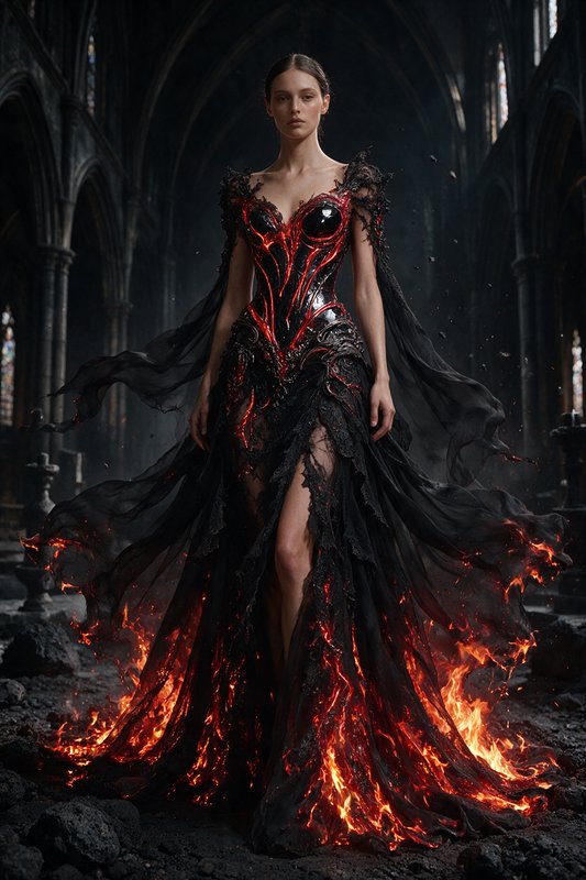 Regal woman in ornate black flame-accented gown stands in a dark ruined gothic cathedral, fire li...