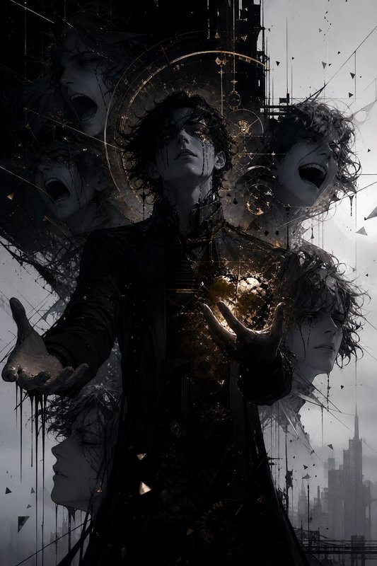 Dark fantasy illustration of brooding anime man holding glowing golden magic, surrounded by overl...