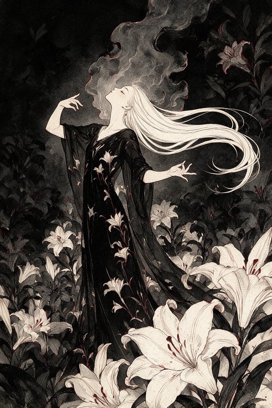Ethereal white-haired woman in a black lily-embroidered gown stands among blooming white lilies, ...