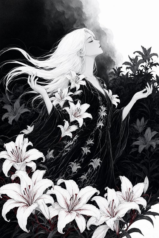 Ethereal black and white illustration of a windswept white-haired woman surrounded by blooming wh...