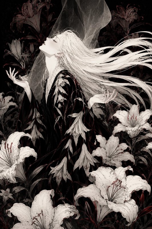 Ethereal gothic illustration of a pale long-haired figure surrounded by blooming white lilies aga...
