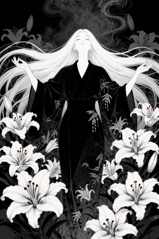 Ethereal illustrated woman with long flowing white hair in a black kimono, surrounded by white li...