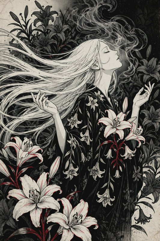 Ink line art of serene pale long-haired woman surrounded by lilies, eyes closed, wispy smoke curl...