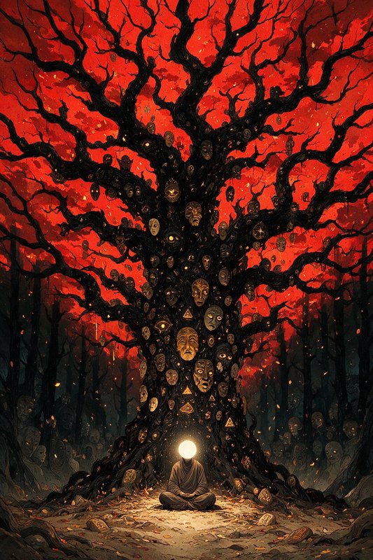 Robed meditating figure with glowing orb head sits beneath a gnarled mask-covered ancient tree un...