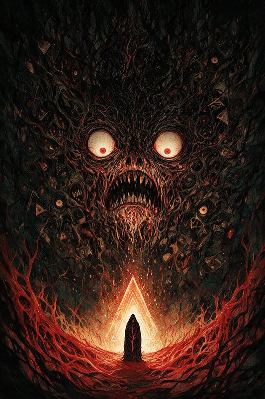 Surreal horror illustration of a towering eldritch monster looming over a hooded figure before a ...