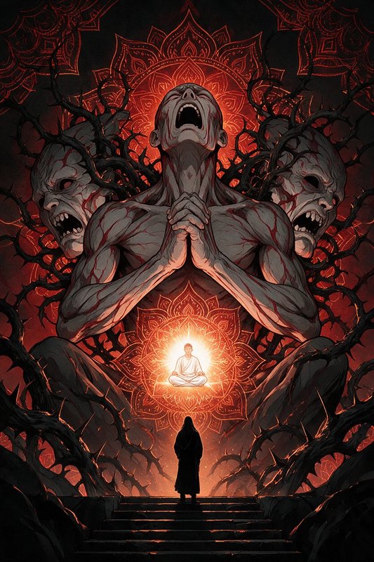 Dark fantasy illustration of a tormented multi-headed monstrous entity framing a glowing meditati...
