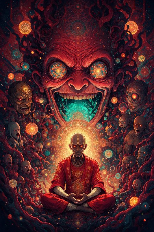 Surreal fantasy art of meditating monk beneath a giant grinning demonic face, surrounded by glowi...