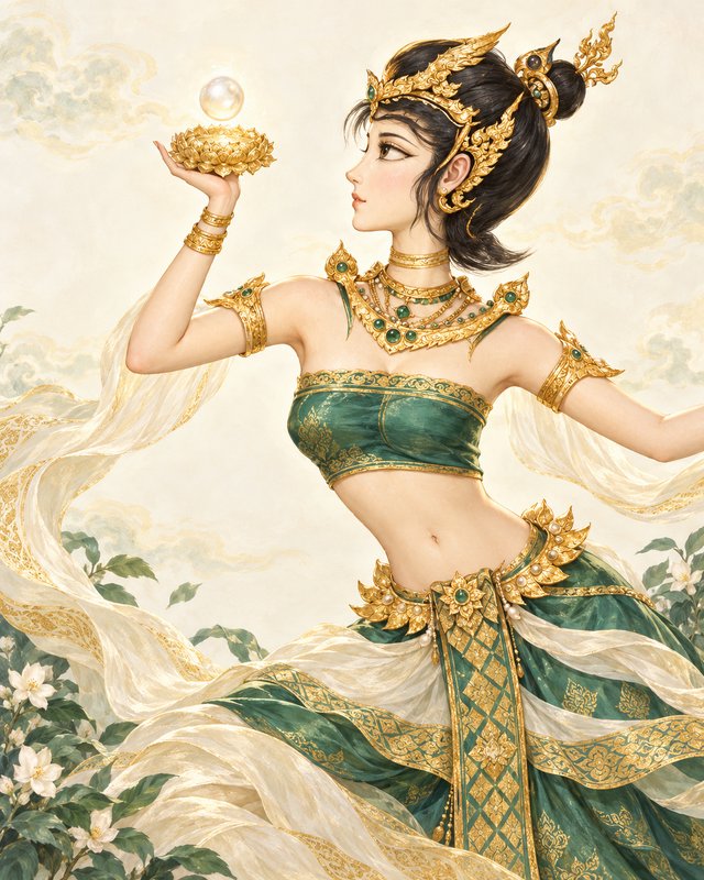 Illustrated apsara celestial goddess in emerald and gold regalia holds a glowing pearl, surrounde...