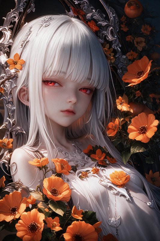 Ethereal fantasy anime girl with pale white hair, bright red eyes, framed by ornate silver filigr...