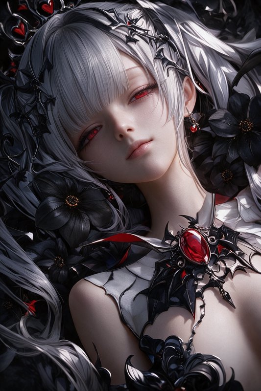 Closeup of gothic anime vampire girl with silver hair, red eyes, surrounded by black flowers and ...