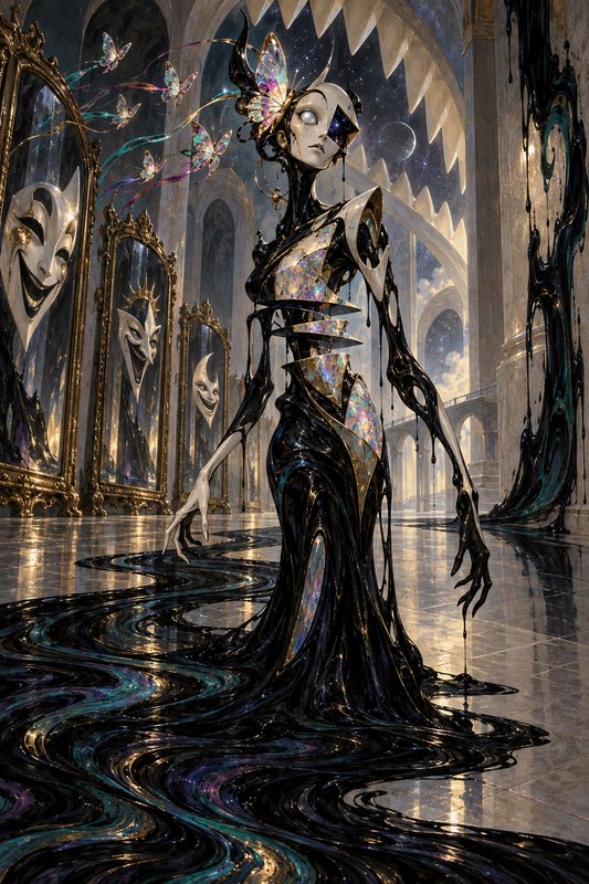 Surreal fractured porcelain humanoid with jeweled butterfly crown stands in an ornate gilded baro...