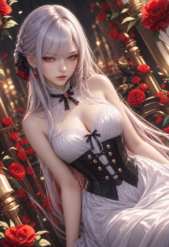 Anime fantasy woman with pale lavender hair, red eyes, corset gown, posed against red rose and gi...
