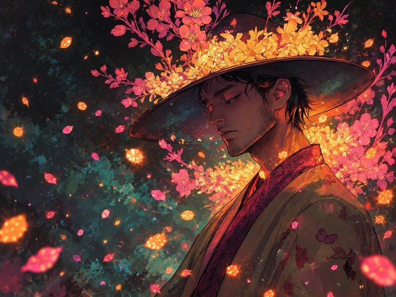 Serene anime man in flower-adorned wide hat, surrounded by glowing cherry blossoms and floating m...