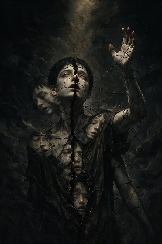 Dark surreal painting of a fragmented multi-faced figure tangled in barbed wire, reaching toward ...