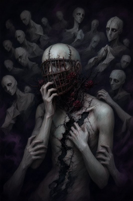 Surreal horror artwork of a stitched cage-masked humanoid surrounded by gaunt ghostly wraith figu...